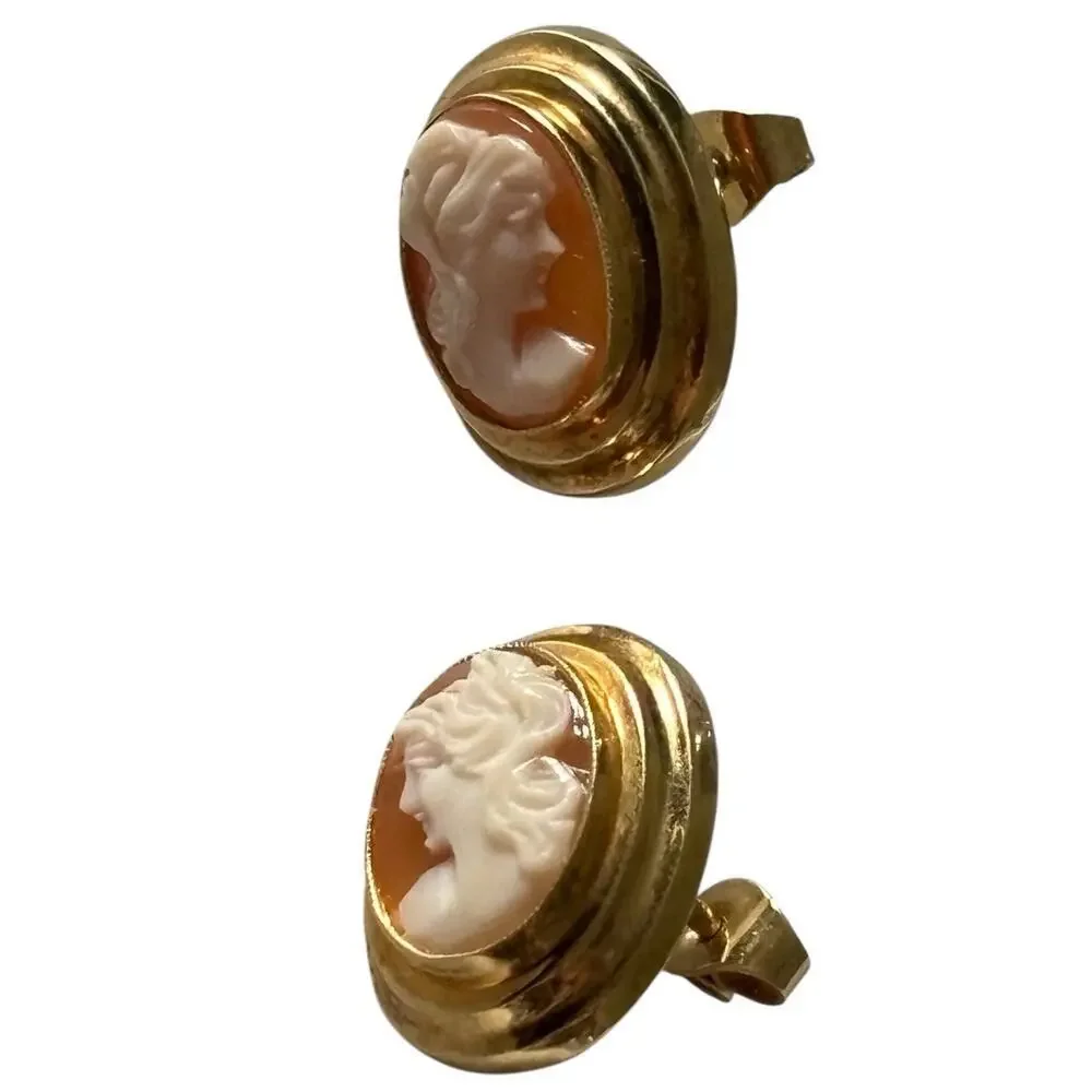 14k Yellow Gold Oval Carved Shell Italian Lady Head Cameo Earrings 4.0 Gram Vtg